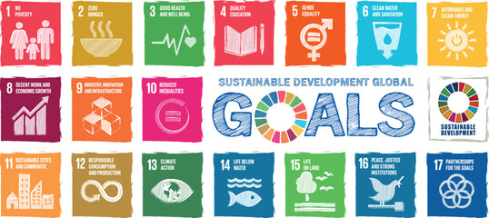 Sustainable Development global goals icon set chock board sketch. School Education concept. Sustainable Development for a better world. Vector illustration. - obrazy, fototapety, plakaty