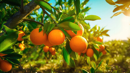Ripe orange oranges on a tree on a farm in rural area