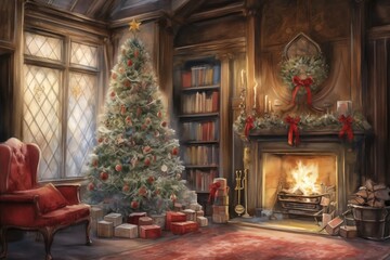 Christmas Tree Gifts Lit Log Fire Decorations traditional painting Indoor Scene sitting living room santa stocking Presents Painted Card Calendar Style cosy vintage old fashioned