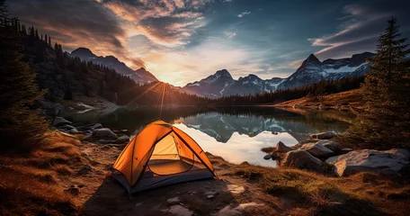 Selbstklebende Fototapeten tourist tent with stunning view of mountains © neirfy