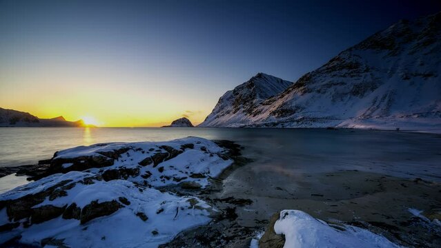 Sunset, Beach, Haukland, Lofoten, Norway, Europe