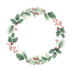 Watercolor winter greenery wreath illustration. Christmas border, round frame, holiday card template. Vector hand painted pine tree branches, holly, berries.