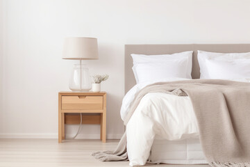 Fototapeta na wymiar Scandinavian bedside tables decorate a modern bedroom with calm white tones and light wood.