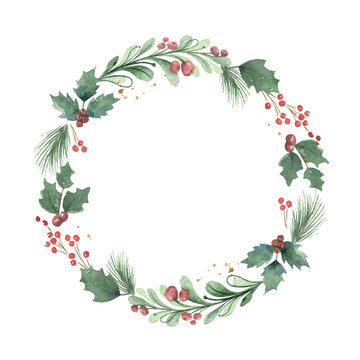 Watercolor winter greenery wreath illustration. Christmas border, round frame, holiday card template. Vector hand painted pine tree branches, holly, berries.