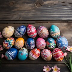 Fototapeta na wymiar Hand-Painted Easter Eggs on Rustic Wood