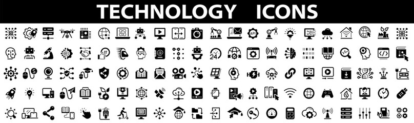 Technology 110 icon set. Big UI icon. Containing factory, 5g, ai, robotics, cloud, automation, iot, communication, geolocation, programming and many more. Big icon set in a flat style - obrazy, fototapety, plakaty