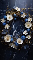 Obraz na płótnie Canvas Festive ceremony. Sapphire blue marble royal canvas with scattered gold leaves and a wreath of white anemones. Wedding design art.