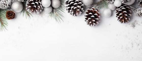 Fototapeta na wymiar Winter Theme with Pine Cones and Ornaments