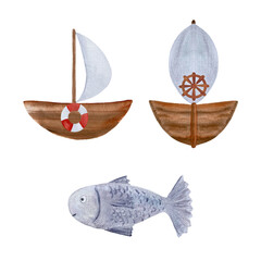 Watercolor brown wooden sailboat set