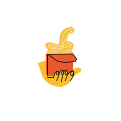 Vector illustration hand holding open box with noodles isolated on white background