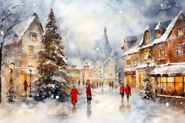 Christmas winter Street Scene Traditional Featuring a Snow Covered Town Glowing Lights People Shopping Large Decorated Christmas Tree Painted painting Card Calendar Style cosy