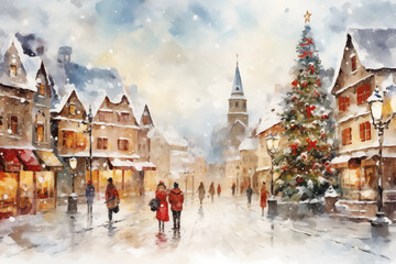 Christmas winter Street Scene Traditional Featuring a Snow Covered Town Glowing Lights People Shopping Large Decorated Christmas Tree Painted painting Card Calendar Style cosy