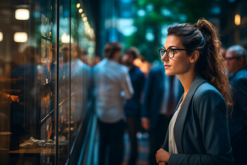 A young businesswoman looking at the window display.