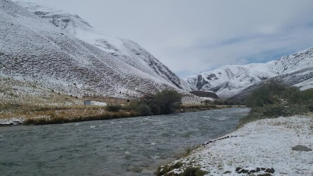 Kyrgyzstan A river flows between snowy hills
