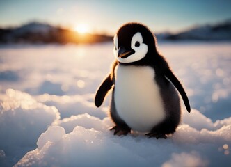 baby penguen running on ice to the camera, sunset, closeup view

