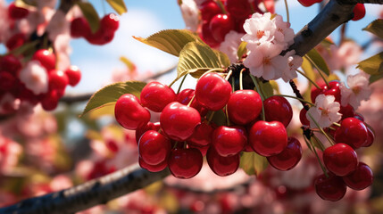 Testy and Ripe cherries on tree - obrazy, fototapety, plakaty