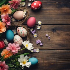 Hand-Painted Easter Eggs on Rustic Wood