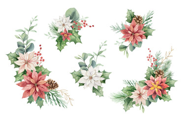 Christmas floral arrangement clipart set. Poinsettia, fir branches, holly berries, coins. Vector watercolor for wedding, stationery, invitation, holiday card template. - obrazy, fototapety, plakaty