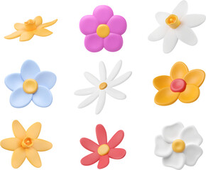 3d plasticine flowers buds set. Narcissus render, cartoon chamomile, decorative floral clay elements. Vector illustration. Simple volumetric children's crafts. Sculpted garden graphics - obrazy, fototapety, plakaty