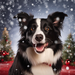 Christmas Themed Border Collie surrounded by snowflakes and Christmas trees