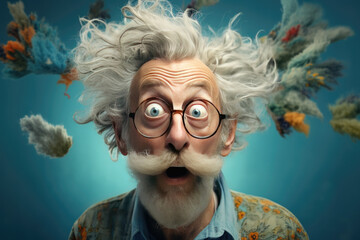 happy old man with funny beard and funny smile, in the style of surrealistic poses,