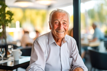 A portrait of a happy senior man enjoying his lifestyle in a retirement home, exuding contentment and embracing his golden years