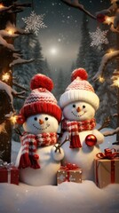 vertical cute snowman in the forest with gifts for christmas