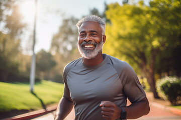 Black man running in nature for health, wellness and fitness. Happy senior athlete training, doing exercise and workout, cardio and jogging outdoors at park.