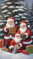 vertical gnomes and santa claus in the forest are preparing to celebrate christmas and new year with gifts