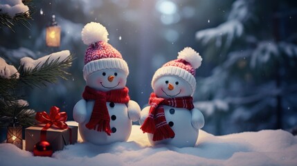 cute snowman in the forest with gifts for christmas