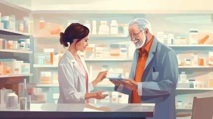 illustration. pharmacist giving medicine in pharmacy to elderly man with beard - obrazy, fototapety, plakaty
