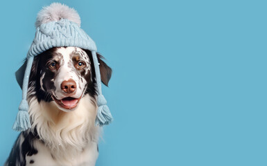 Portrait of a border collie dog in a winter knitted hat on a plain blue background. Free space for...