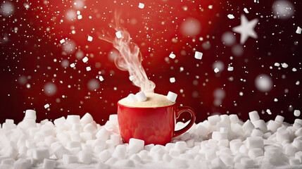 A large red cup of coffee latte or cocoa on a table strewn with marshmallows. Traditional New Year's drink.