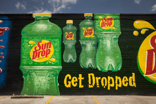 Soda Brand Mural On A Public Parking Wall, Minute Maid Park District In Houston Downtown