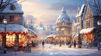 Fototapeta na wymiar Winter Christmas town in vintage style. Christmas card