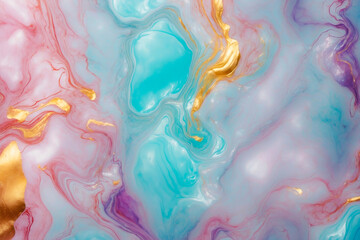 Abstract marble pattern with swirls of pink, aqua, purple, and gold accents.