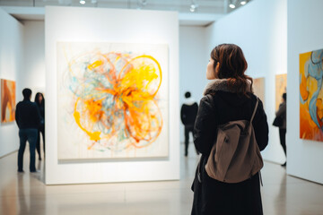 Rear view of woman admiring an art piece in gallery. Fine and abstract arts concept