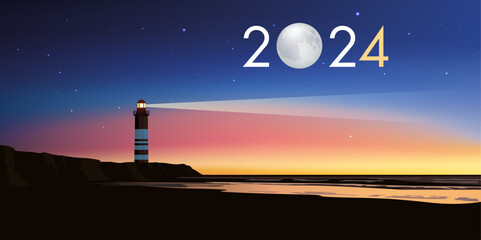 Carte de voeux 2024 avec le concept du phare symbolisant le point de repère permettant de suivre la bonne direction pour relever les défis et les couronner de succès. - 673749118