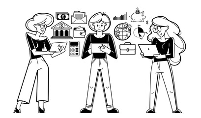 Business team analyzing and organizing financial deals online vector outline illustration, entrepreneurs teamwork company leader working on commercial project on internet