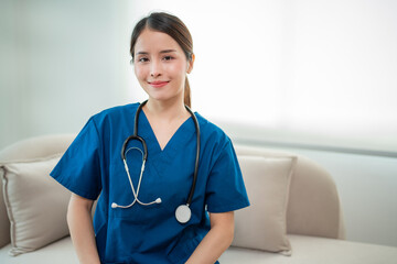 Portrait of asian young nurse using stethoscope in hospital. Concept Of Medical Technology and Healthcare Business.