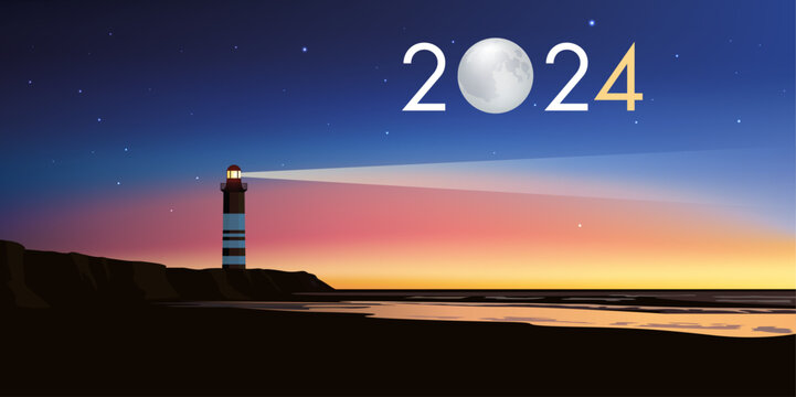 Carte de voeux 2024 avec le concept du phare symbolisant le point de repère permettant de suivre la bonne direction pour relever les défis et les couronner de succès.