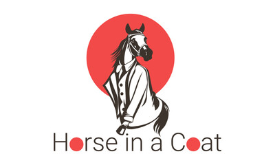 Vector graphic funny cartoon horse in a coat and a red sun. Logo or emblem. White isolated background.