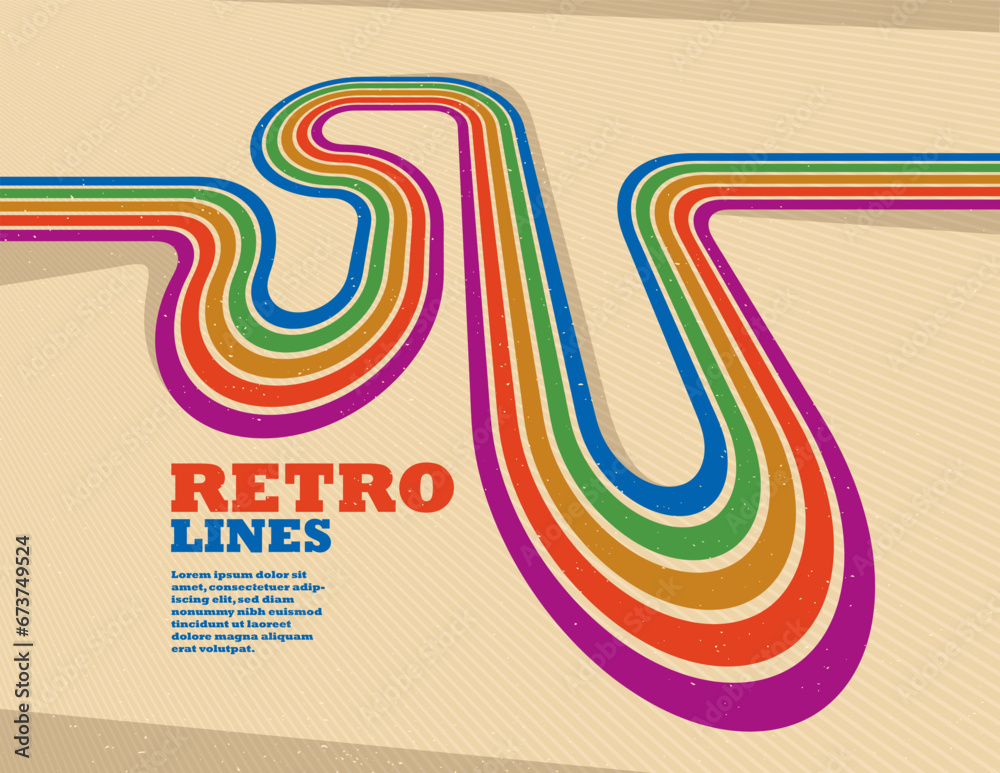 Poster retro style abstract background with curve lines in all colors of rainbow, 3d dimensional seventieth