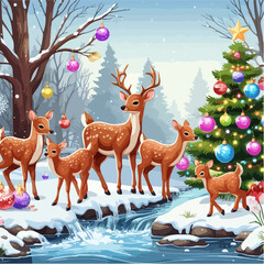 Holiday Harmony: Deer's Celebrating Beside a Glistening Christmas Tree