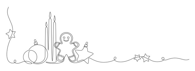 One continuous line drawing of Christmas greeting card. Festive holiday composition for winter holiday greeting card in simple linear style. Xmas decor in editable stroke. Doodle vector illustration