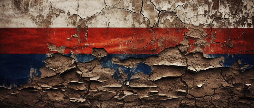 Russian economic crisis and recession linked to ruble collapse in stock market after US and EU sanctions, symbolized by a fading Russian flag on a crumbling wall.