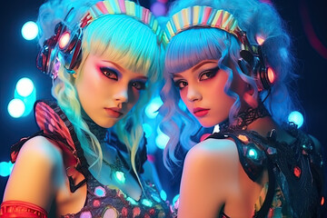 Young beautiful girls at a crazy cyber neon party in electro costumes