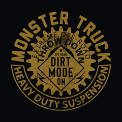 Fototapeta premium Typographic vector illustration of monster truck badge. t shirt graphics. print