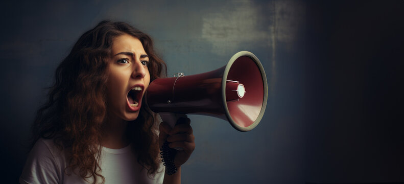 une jeune femme crie dans un m&eacute;gaphone