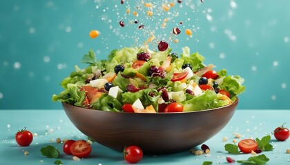 healthy and delicious salad bowl, exploding ingredients, copy space for text